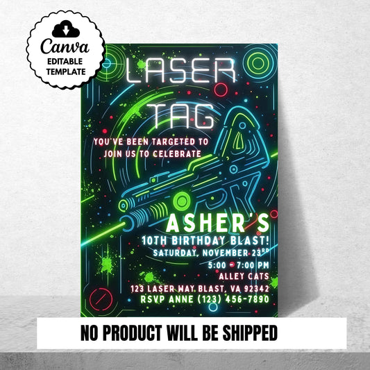 Editable Laser Tag Birthday Invitation Neon Laser Tag Invite Glow Laser Tag Party Boy Girl Digital Download Printable Kids Birthday Invite