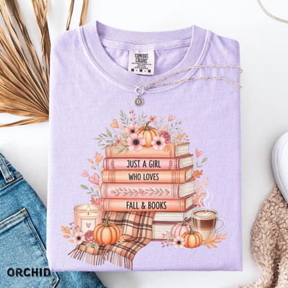 Cute Fall Shirt for Book Lovers Just A Girl Who Loves Fall Gift For Fall Lovers Autumn Tee Book & Fall Tee Readers Shirt Cute Book Shirt