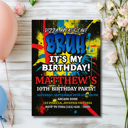 Bruh It's My Birthday Invitation Boys Birthday Invite Arcade Birthday Invite Printable Boys Bday Card Digital Party Invite Instant Download