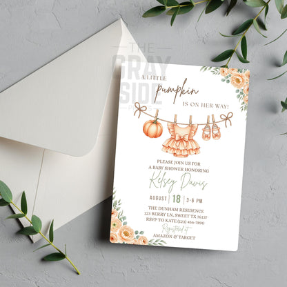 Little Pumpkin Baby Shower Invitation, Fall Baby Shower Invite, Editable Baby Shower Template, Printable Girl Baby Shower Invitation