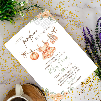 Little Pumpkin Baby Shower Invitation, Fall Baby Shower Invite, Editable Baby Shower Template, Printable Girl Baby Shower Invitation