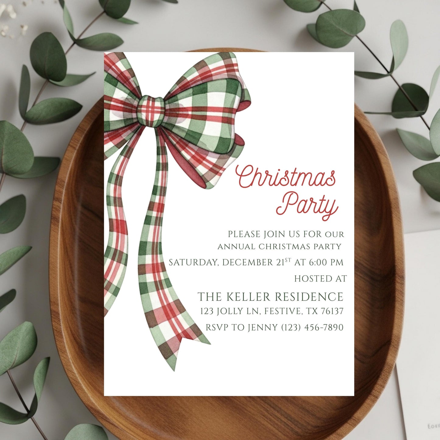 Christmas Party Invitation Christmas Plaid Bow Invite Christmas Party Template Holiday Party Digital Invite Christmas Bow Invite Download