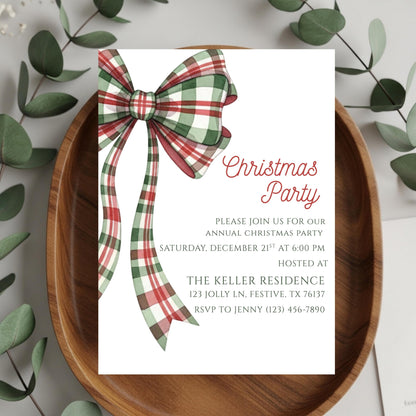 Christmas Party Invitation Christmas Plaid Bow Invite Christmas Party Template Holiday Party Digital Invite Christmas Bow Invite Download