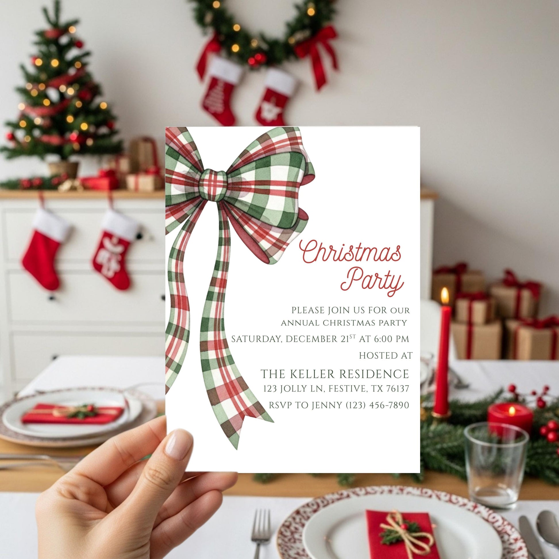Christmas Party Invitation Christmas Plaid Bow Invite Christmas Party Template Holiday Party Digital Invite Christmas Bow Invite Download
