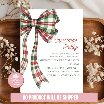 Christmas Party Invitation Christmas Plaid Bow Invite Christmas Party Template Holiday Party Digital Invite Christmas Bow Invite Download