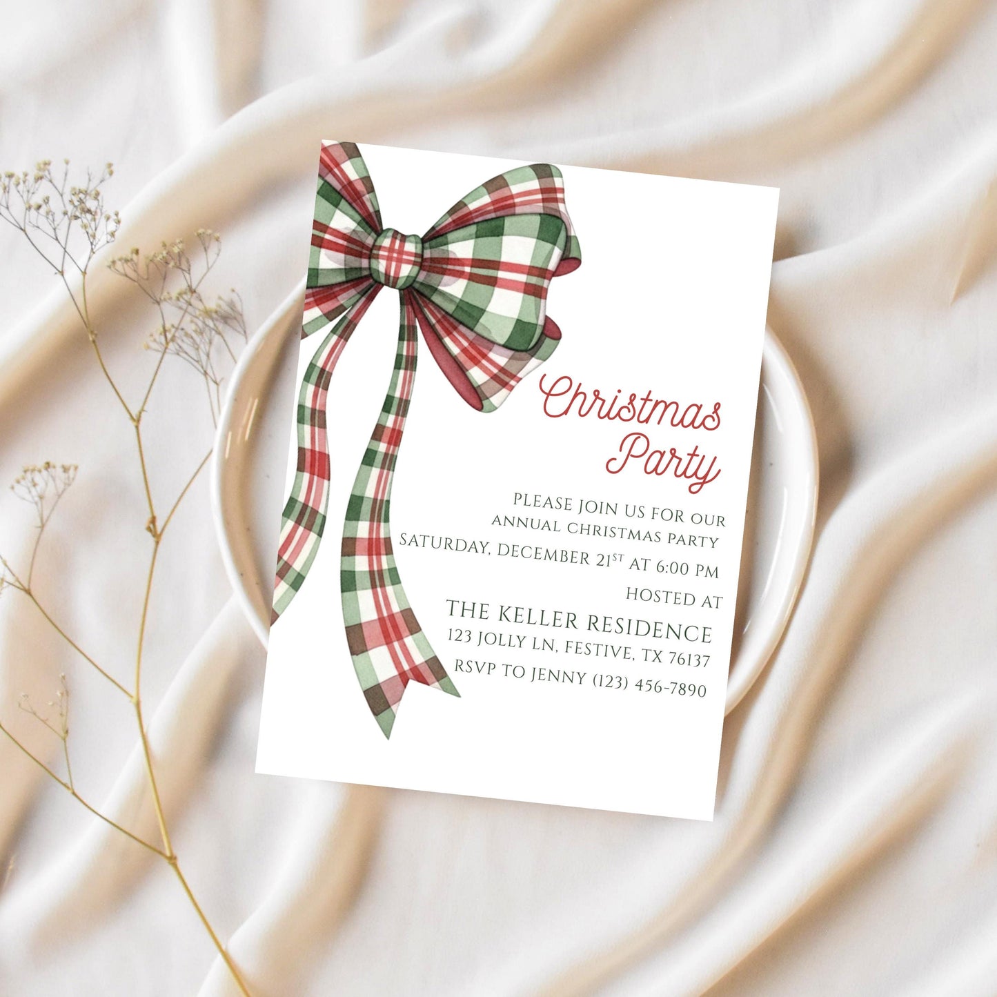 Christmas Party Invitation Christmas Plaid Bow Invite Christmas Party Template Holiday Party Digital Invite Christmas Bow Invite Download