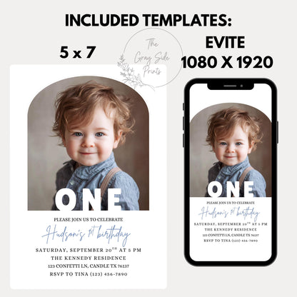 Editable 1st Birthday Photo Invitation Minimal First Birthday Invite TemplatevBoy First Birthday Invitation Girl First Birthday Template
