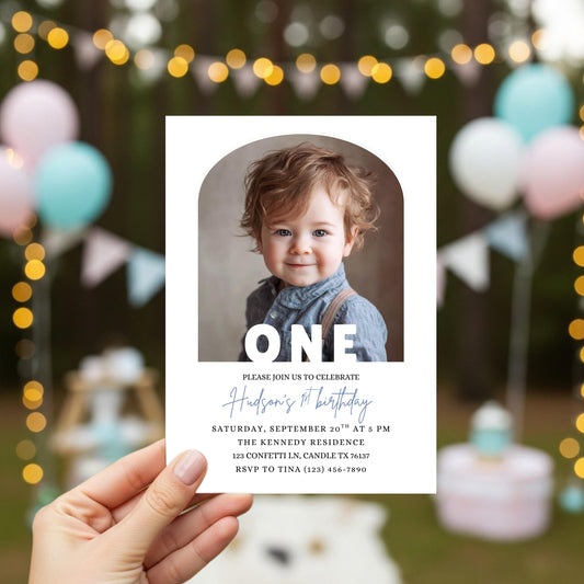 Editable 1st Birthday Photo Invitation Minimal First Birthday Invite TemplatevBoy First Birthday Invitation Girl First Birthday Template