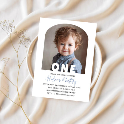 Editable 1st Birthday Photo Invitation Minimal First Birthday Invite TemplatevBoy First Birthday Invitation Girl First Birthday Template