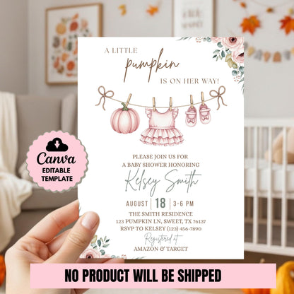 Little Pumpkin Baby Shower Invitation Fall Baby Shower Invite Editable Baby Shower Template Girl Baby Shower Invitation Pink Baby Shower