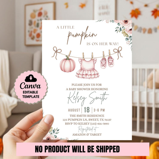Little Pumpkin Baby Shower Invitation Fall Baby Shower Invite Editable Baby Shower Template Girl Baby Shower Invitation Pink Baby Shower