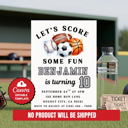 Sports Birthday Invitation Boys Sports Party Invite Editable Ball Game Birthday Invitation Baseball Invite Football Soccer Basketball Party