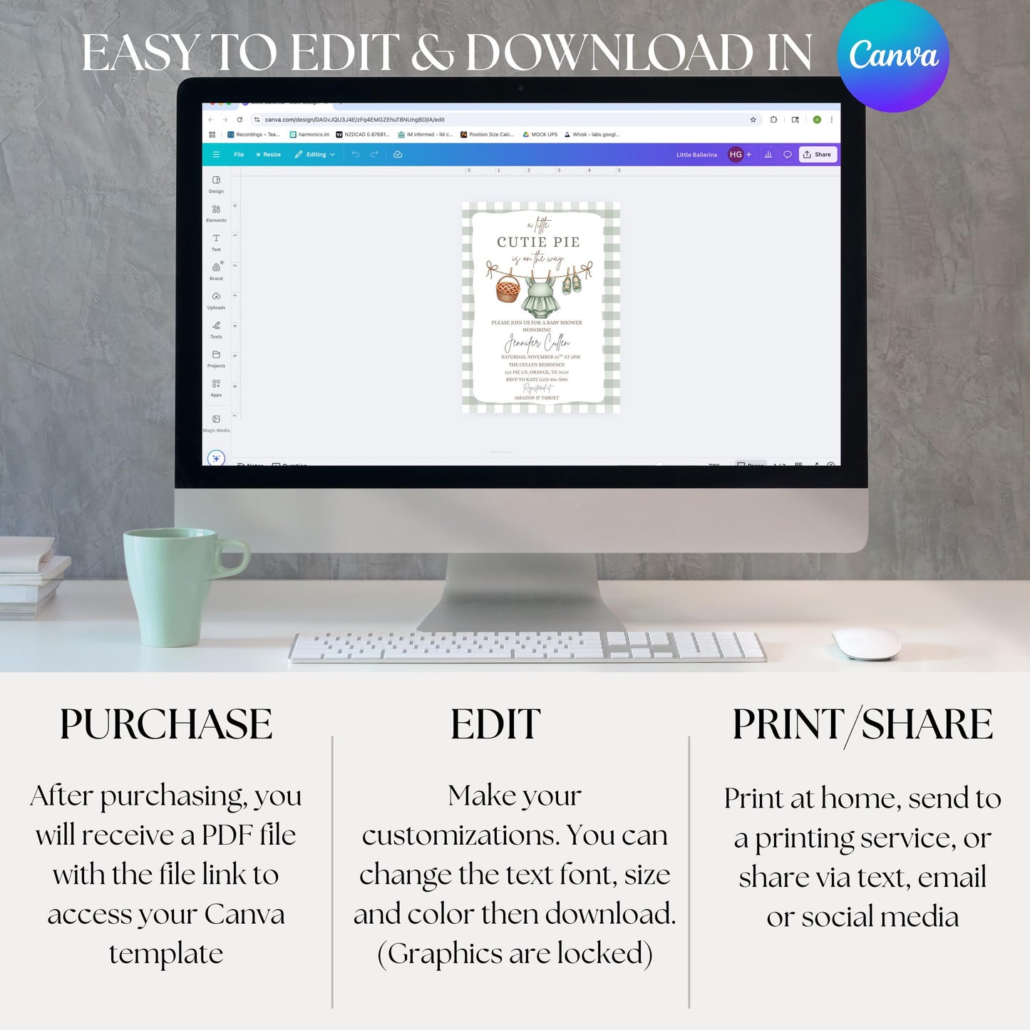 A Little Cutie Pie is on the Way Baby Shower Invite Cutie Pie Baby Shower Invitation Template Boho Fall Autumn Baby Brunch Invite Editable