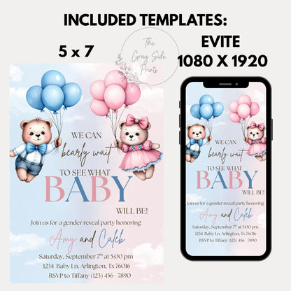 We Can Bearly Wait Gender Reveal Invite Gender Reveal Invitation Boy or Girl Invite Editable Gender Reveal Invite Bearly Wait Invitation