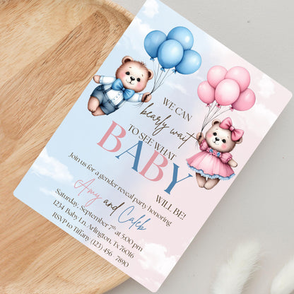 We Can Bearly Wait Gender Reveal Invite Gender Reveal Invitation Boy or Girl Invite Editable Gender Reveal Invite Bearly Wait Invitation
