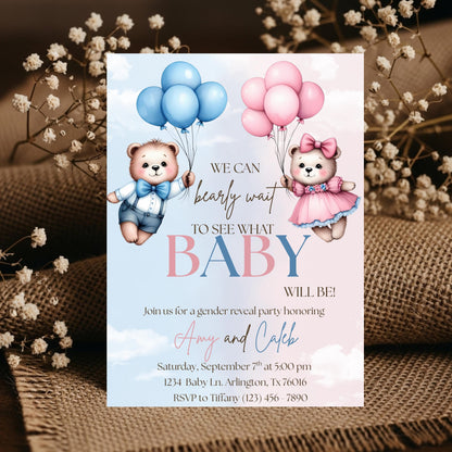We Can Bearly Wait Gender Reveal Invite Gender Reveal Invitation Boy or Girl Invite Editable Gender Reveal Invite Bearly Wait Invitation