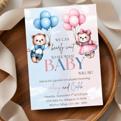 We Can Bearly Wait Gender Reveal Invite Gender Reveal Invitation Boy or Girl Invite Editable Gender Reveal Invite Bearly Wait Invitation