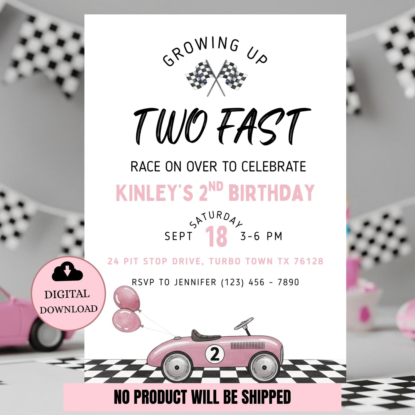 Two Fast Birthday Invitation Race Car 2nd Birthday Party Invite Editable Template Pink Car Birthday Girl Printable Instant Download