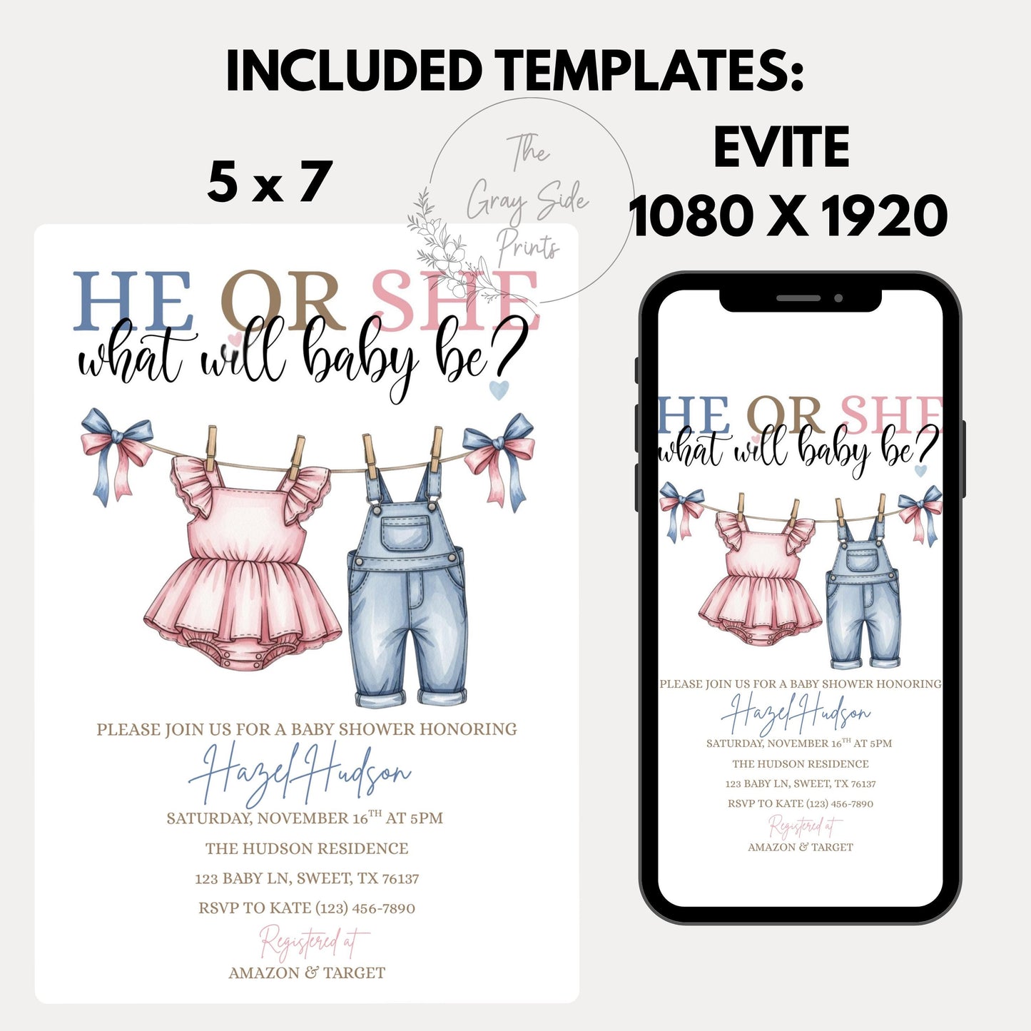 Pink or Blue Clothlesline Gender Reveal Invitation Baby Clothes Gender Reveal Invite He or She What Will Baby Be Surprise Gender Reveal