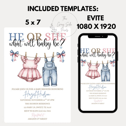 Pink or Blue Clothlesline Gender Reveal Invitation Baby Clothes Gender Reveal Invite He or She What Will Baby Be Surprise Gender Reveal