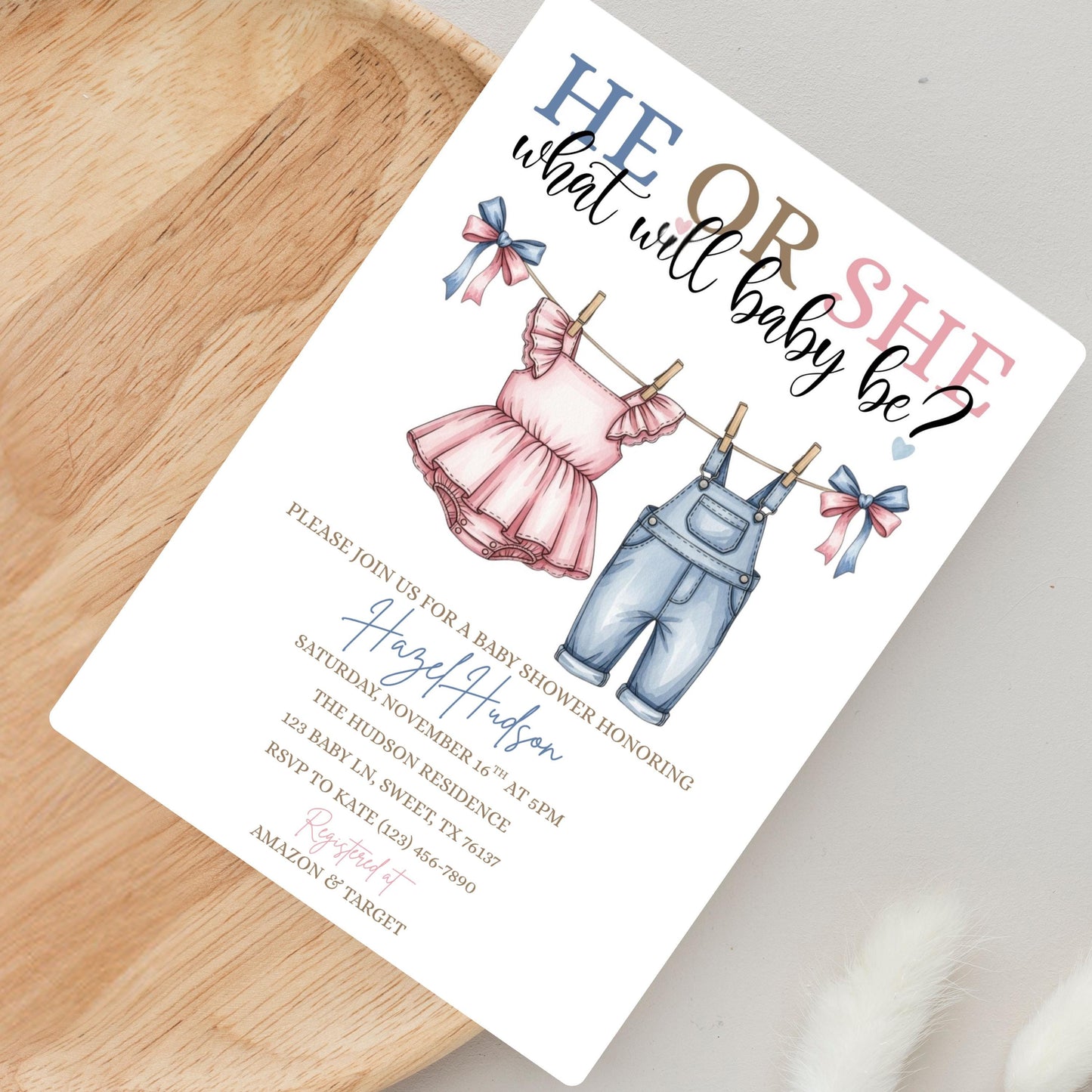 Pink or Blue Clothlesline Gender Reveal Invitation Baby Clothes Gender Reveal Invite He or She What Will Baby Be Surprise Gender Reveal