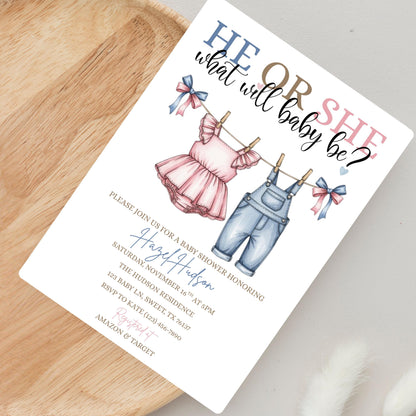 Pink or Blue Clothlesline Gender Reveal Invitation Baby Clothes Gender Reveal Invite He or She What Will Baby Be Surprise Gender Reveal
