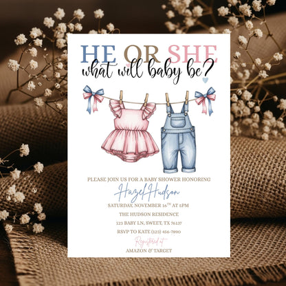 Pink or Blue Clothlesline Gender Reveal Invitation Baby Clothes Gender Reveal Invite He or She What Will Baby Be Surprise Gender Reveal