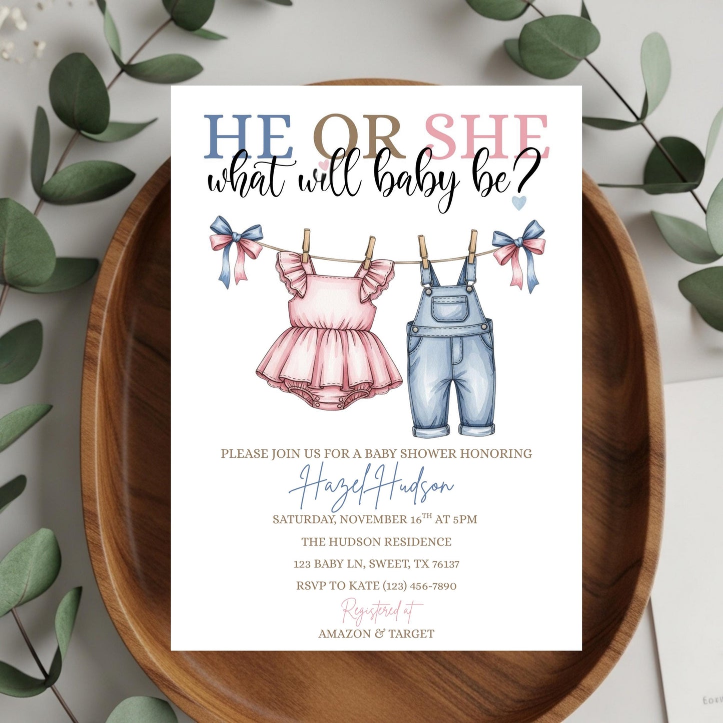 Pink or Blue Clothlesline Gender Reveal Invitation Baby Clothes Gender Reveal Invite He or She What Will Baby Be Surprise Gender Reveal