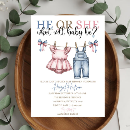 Pink or Blue Clothlesline Gender Reveal Invitation Baby Clothes Gender Reveal Invite He or She What Will Baby Be Surprise Gender Reveal