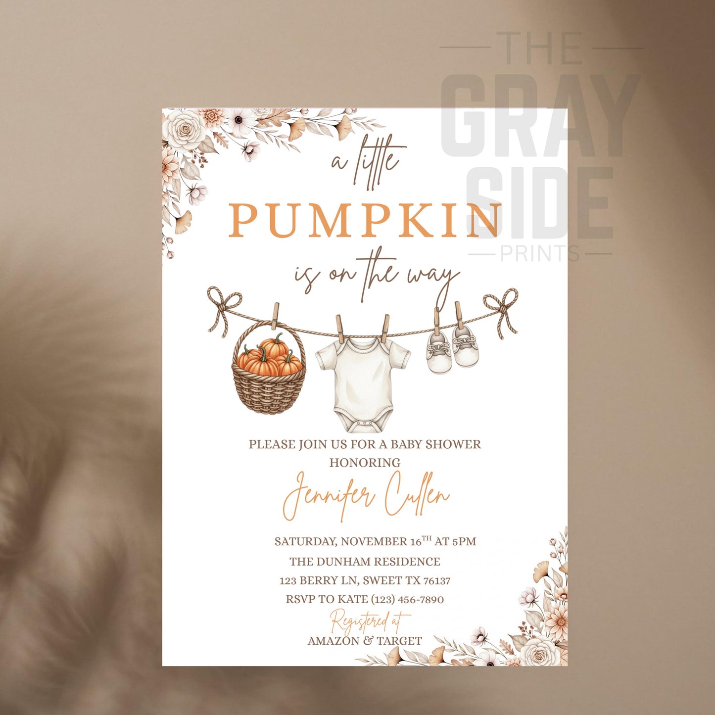 Little Pumpkin Baby Shower Invitation, A Little Pumpkin is on the Way, Autumn Baby Shower Invite, Fall Baby Shower Invitation Template