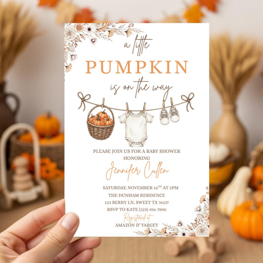Little Pumpkin Baby Shower Invitation, A Little Pumpkin is on the Way, Autumn Baby Shower Invite, Fall Baby Shower Invitation Template