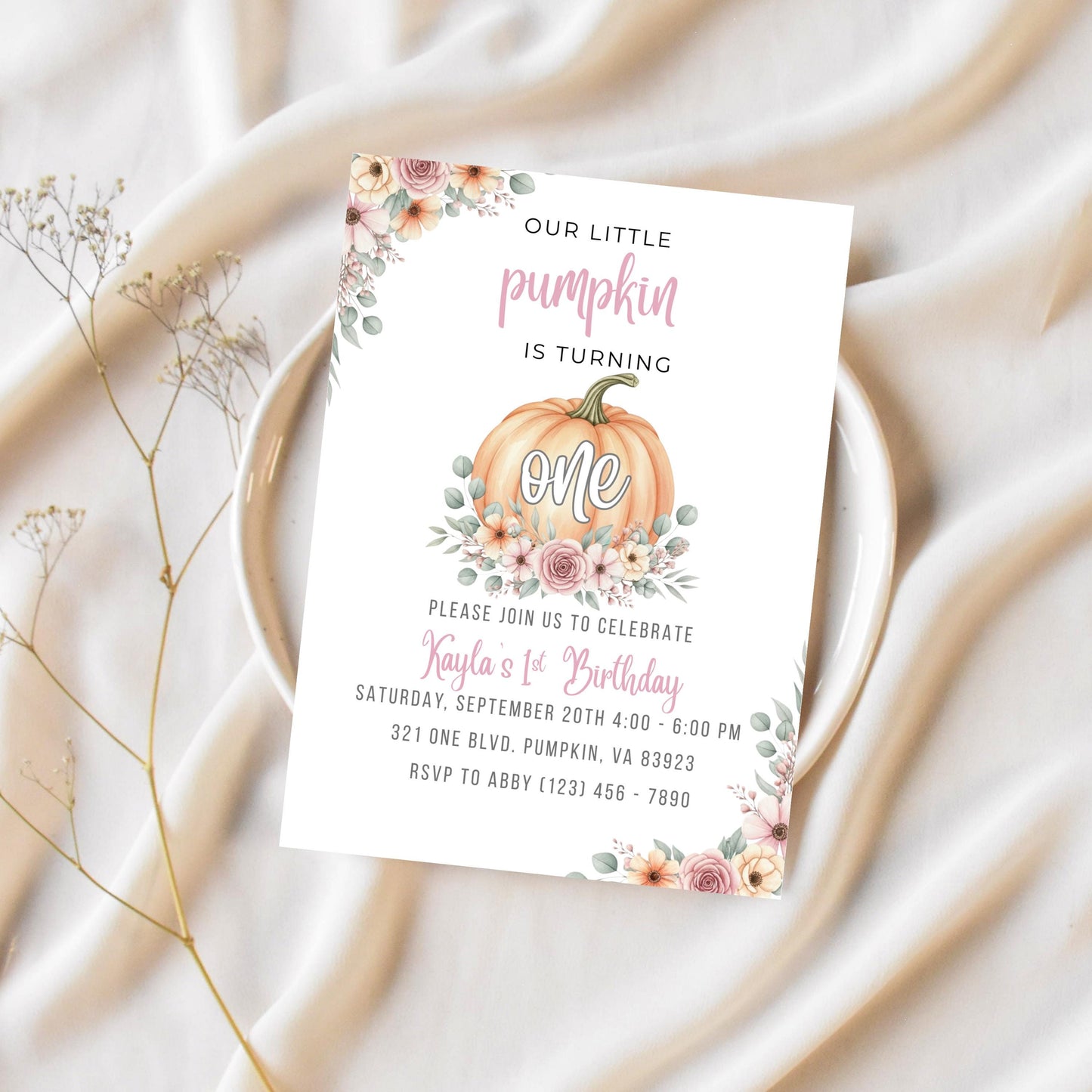 Our Little Pumpkin is Turning One Invitation First Birthday Invite Template Editable Fall 1st Birthday Invitation One Pumpkin First Bday