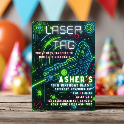 Neon Laser Tag Invite Editable Laser Tag Birthday Invitation  Glow Laser Tag Party Blue Green Boy Invite Girl Invite Arcade Birthday Invite