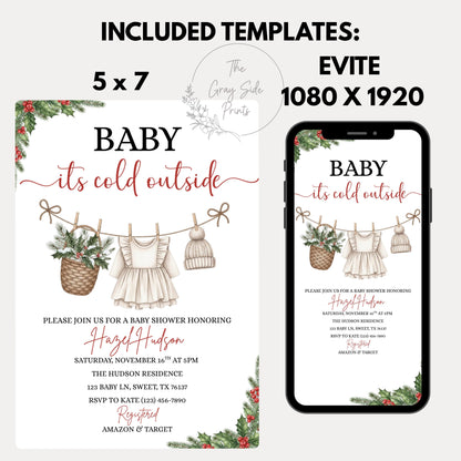 Winter Baby Shower Invitation Template, Baby it's Cold Outside Invite, Clothesline Baby Shower, Instant Download, Girl Christmas Baby Shower