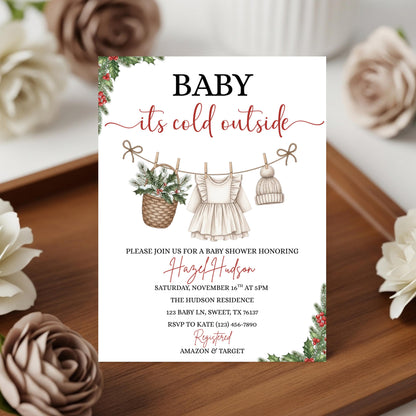 Winter Baby Shower Invitation Template, Baby it's Cold Outside Invite, Clothesline Baby Shower, Instant Download, Girl Christmas Baby Shower