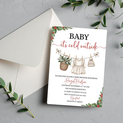 Winter Baby Shower Invitation Template, Baby it's Cold Outside Invite, Clothesline Baby Shower, Instant Download, Girl Christmas Baby Shower