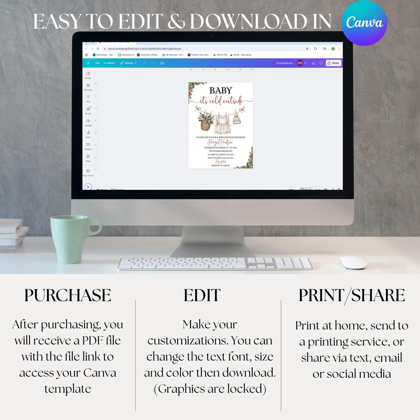 Winter Baby Shower Invitation Template, Baby it's Cold Outside Invite, Clothesline Baby Shower, Instant Download, Girl Christmas Baby Shower