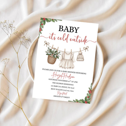 Winter Baby Shower Invitation Template, Baby it's Cold Outside Invite, Clothesline Baby Shower, Instant Download, Girl Christmas Baby Shower