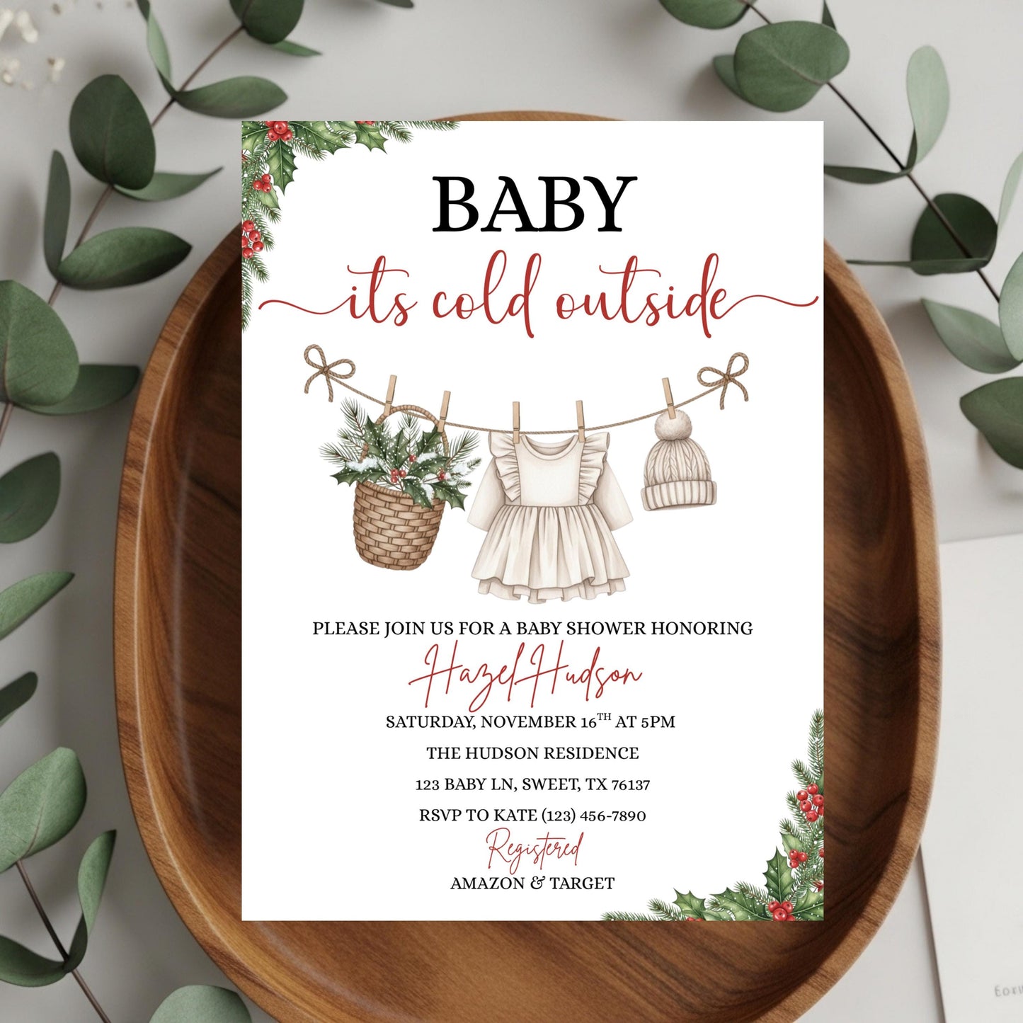 Winter Baby Shower Invitation Template, Baby it's Cold Outside Invite, Clothesline Baby Shower, Instant Download, Girl Christmas Baby Shower