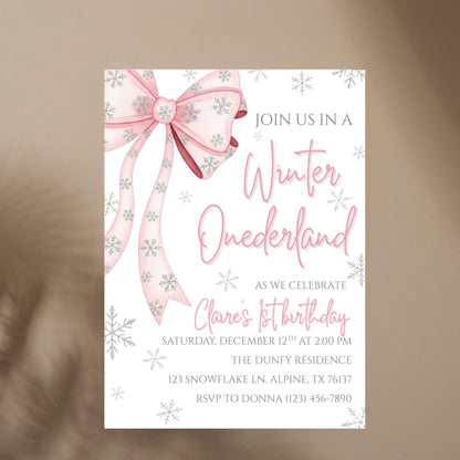 Winter Onederland First Birthday Invite Pink Bow Birthday Invitation Winter Wonderland 1st Birthday Girls Winter Birthday Editable Template