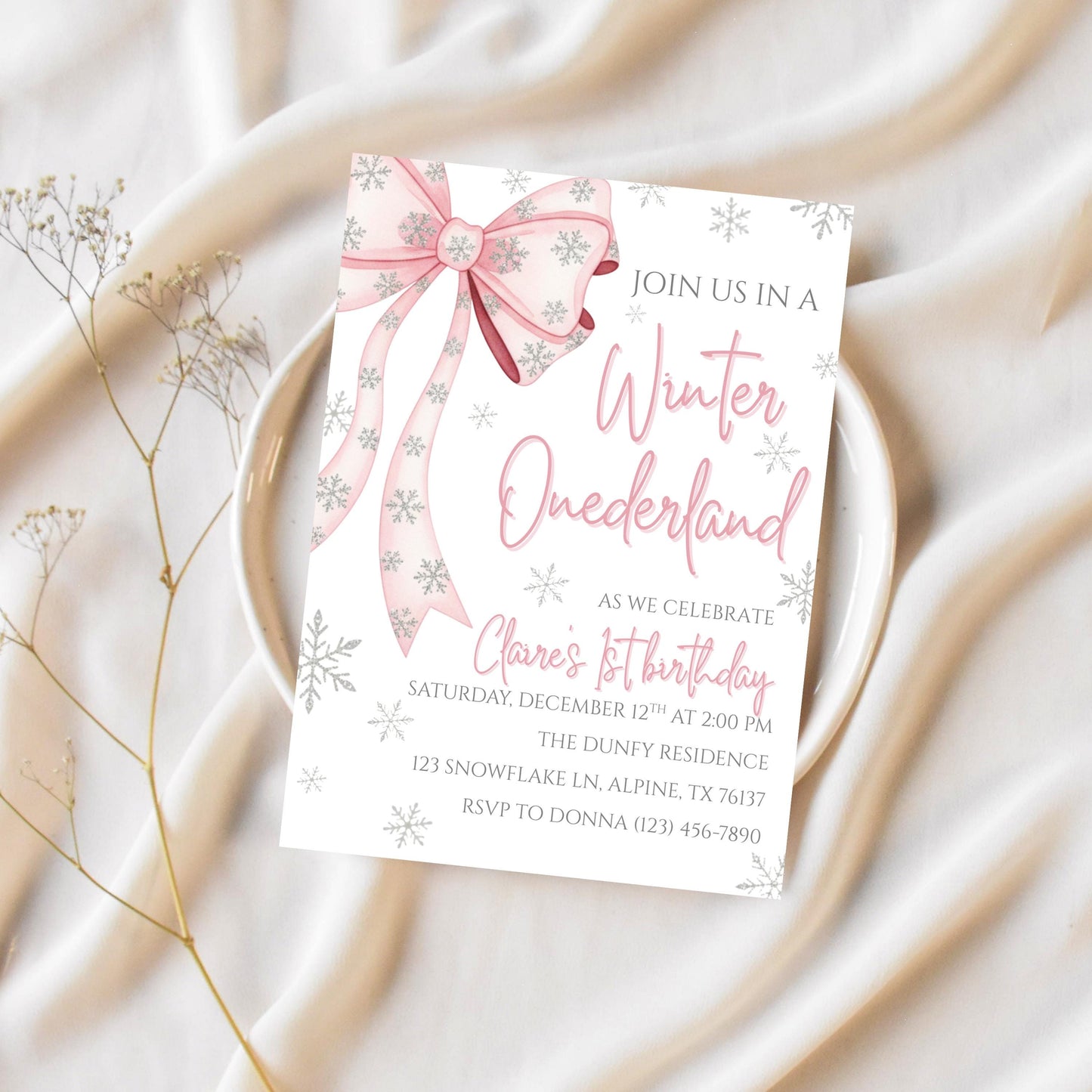 Winter Onederland First Birthday Invite Pink Bow Birthday Invitation Winter Wonderland 1st Birthday Girls Winter Birthday Editable Template