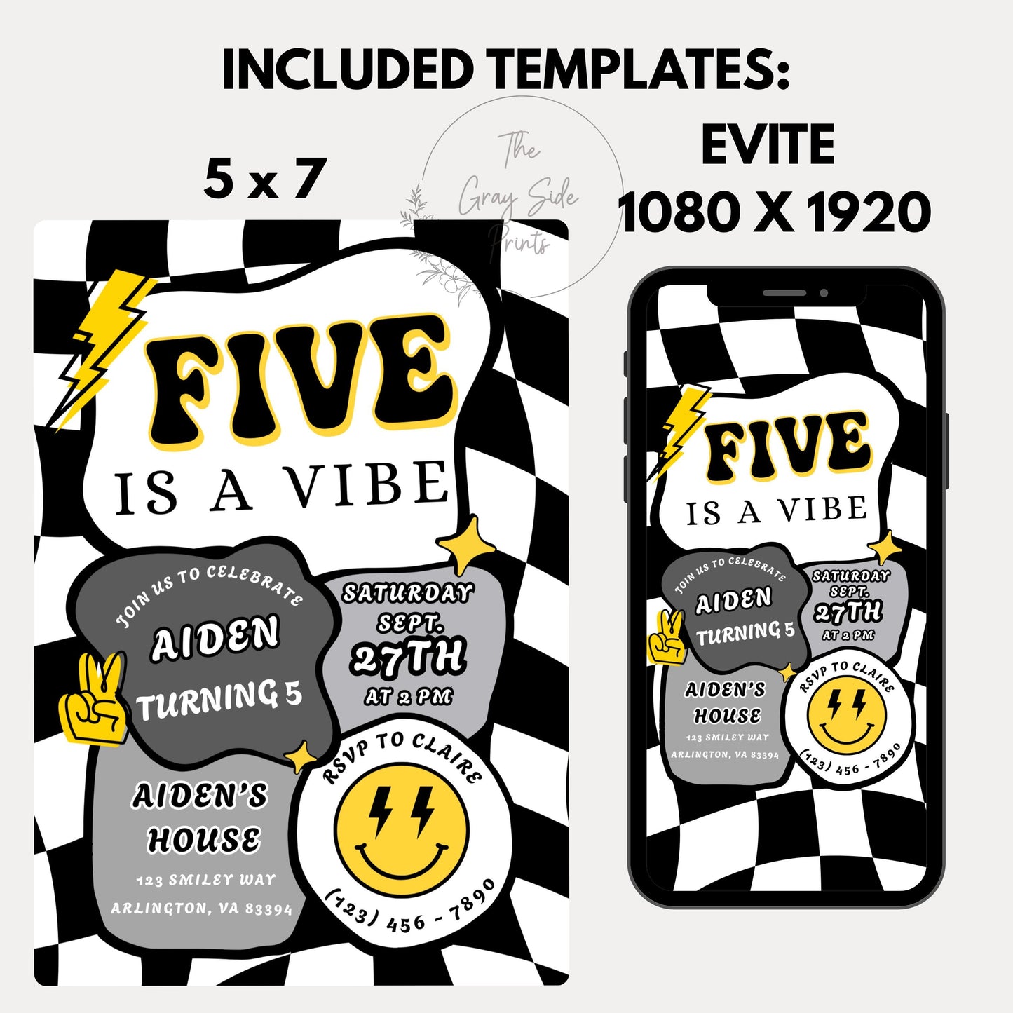 Five is a Vibe Invitation Retro Birthday Invite Editable Checkered Groovy Retro Birthday Invite Five is a Vibe Invitation Boy Birthday