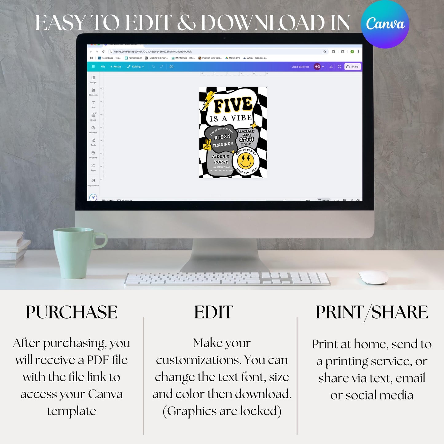 Five is a Vibe Invitation Retro Birthday Invite Editable Checkered Groovy Retro Birthday Invite Five is a Vibe Invitation Boy Birthday