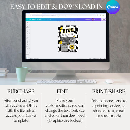 Five is a Vibe Invitation Retro Birthday Invite Editable Checkered Groovy Retro Birthday Invite Five is a Vibe Invitation Boy Birthday