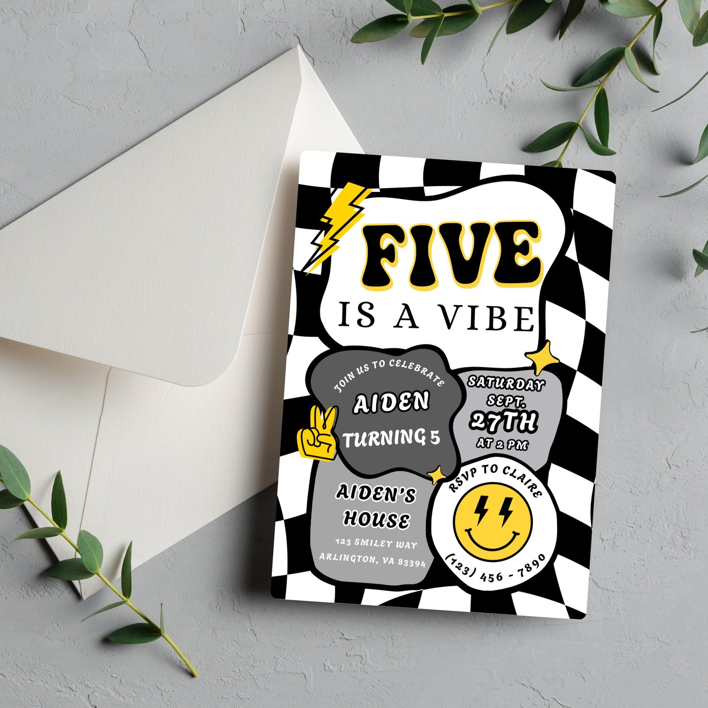 Five is a Vibe Invitation Retro Birthday Invite Editable Checkered Groovy Retro Birthday Invite Five is a Vibe Invitation Boy Birthday