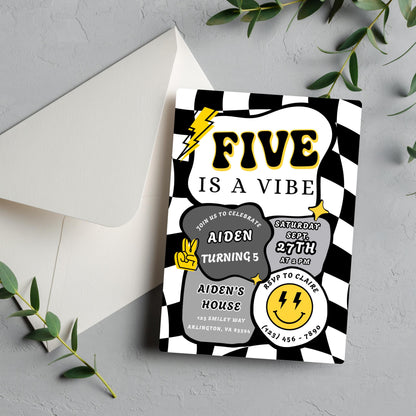 Five is a Vibe Invitation Retro Birthday Invite Editable Checkered Groovy Retro Birthday Invite Five is a Vibe Invitation Boy Birthday