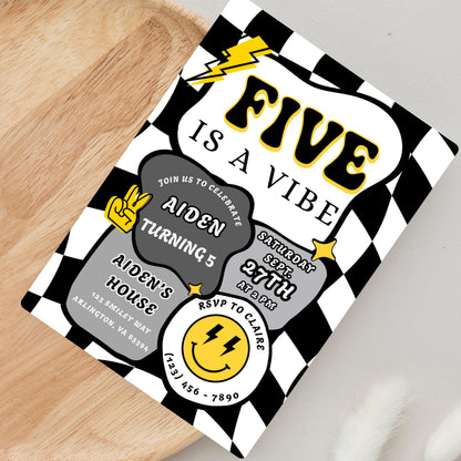 Five is a Vibe Invitation Retro Birthday Invite Editable Checkered Groovy Retro Birthday Invite Five is a Vibe Invitation Boy Birthday