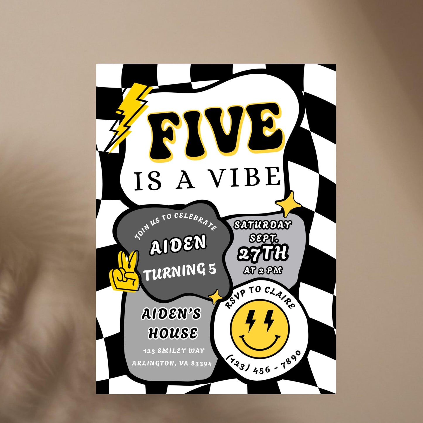 Five is a Vibe Invitation Retro Birthday Invite Editable Checkered Groovy Retro Birthday Invite Five is a Vibe Invitation Boy Birthday