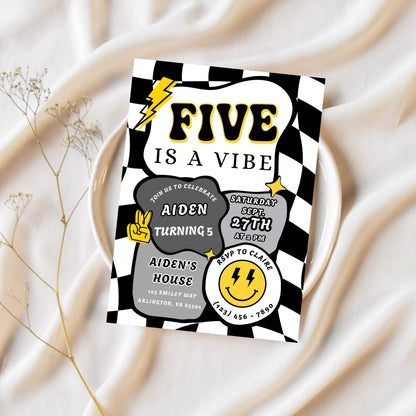 Five is a Vibe Invitation Retro Birthday Invite Editable Checkered Groovy Retro Birthday Invite Five is a Vibe Invitation Boy Birthday