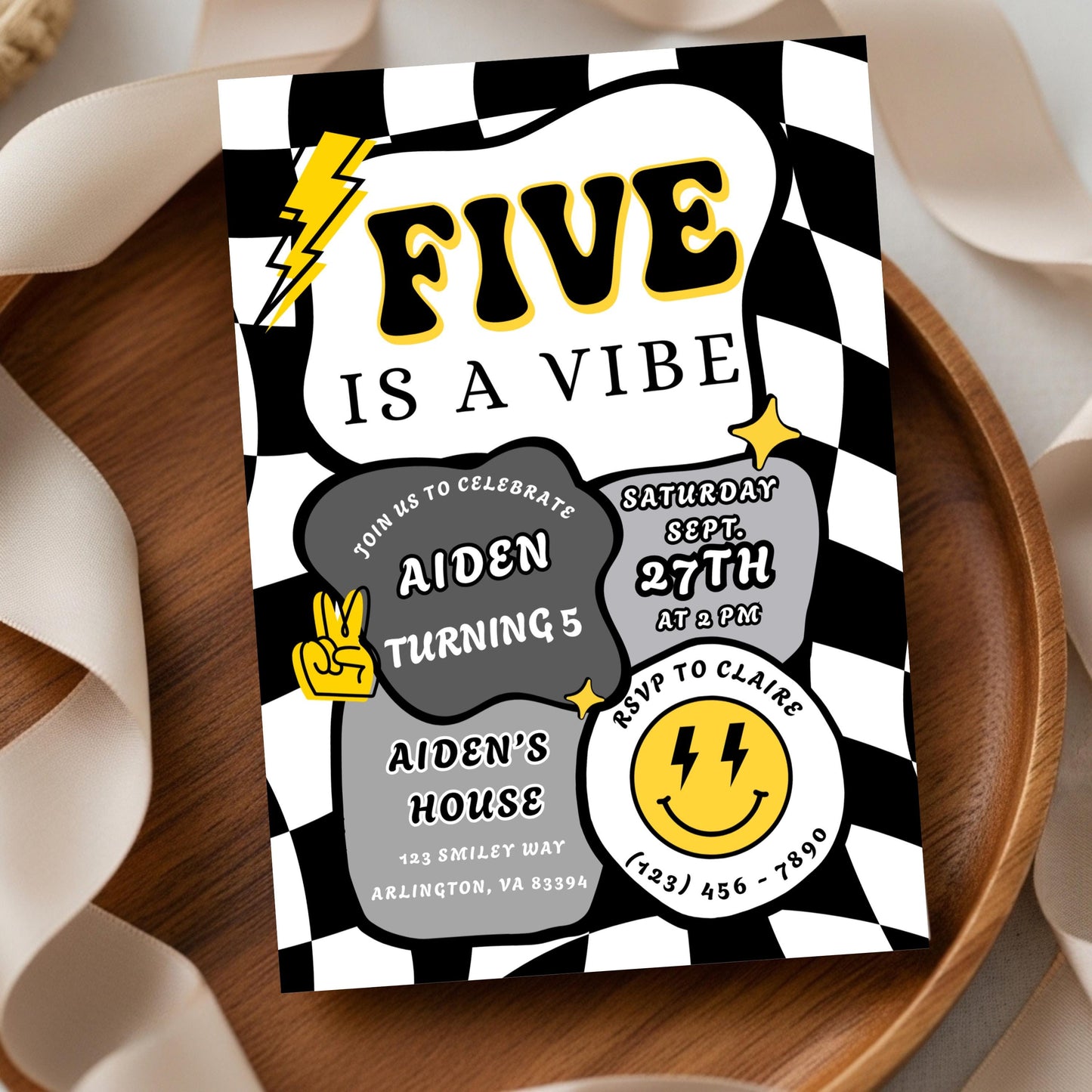 Five is a Vibe Invitation Retro Birthday Invite Editable Checkered Groovy Retro Birthday Invite Five is a Vibe Invitation Boy Birthday